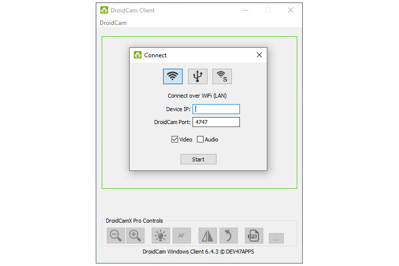 Schermata DroidCam di inserimento IP.
