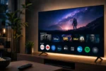 nterfaccia Google TV visualizzata su una moderna Smart TV in un soggiorno contemporaneo.