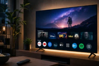 nterfaccia Google TV visualizzata su una moderna Smart TV in un soggiorno contemporaneo.