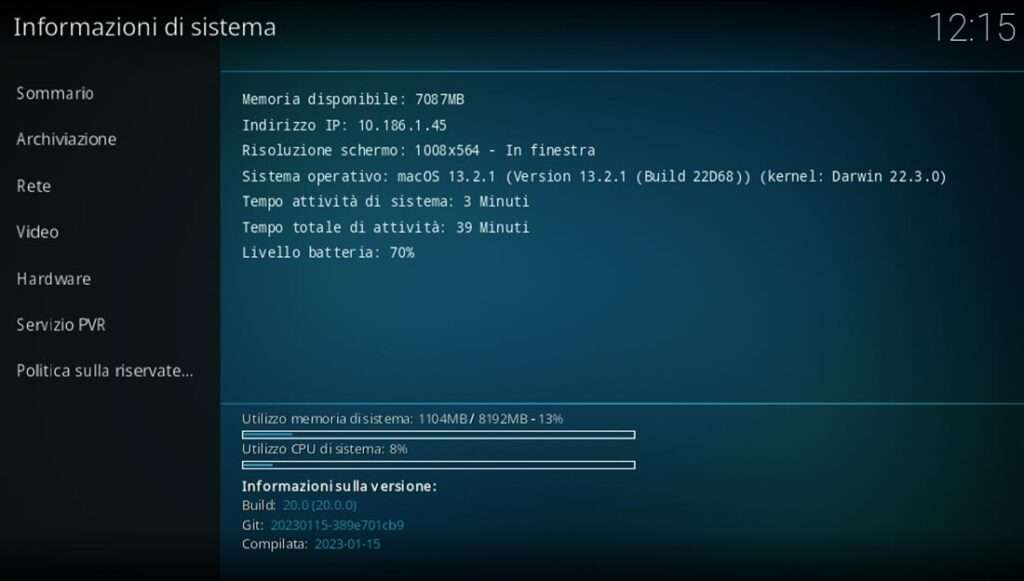 Memoria di sistema disponibile su Kodi Memoria di sistema disponibile su Kodi