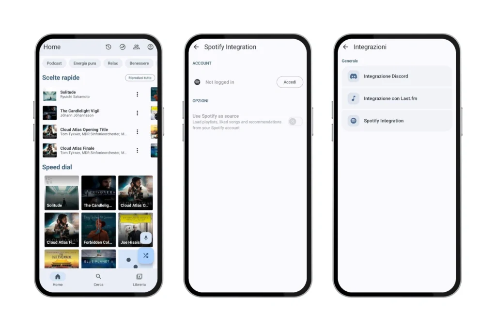 Schermata della home e delle impostazioni dell'app Meld per Android alternativa a Spotify.