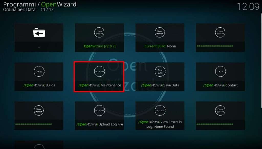 Open Wizard Kodi funzione Maintenance Open Wizard Kodi funzione Maintenance