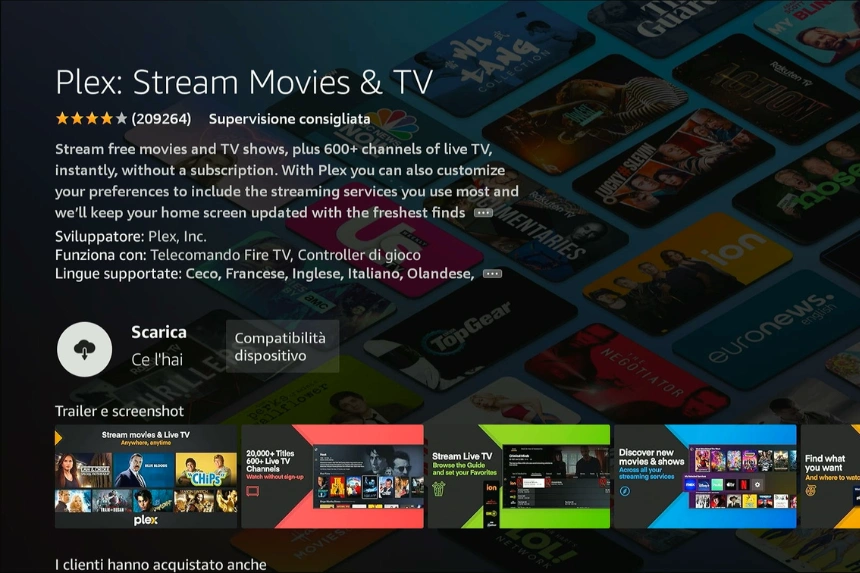 Installazione su Fire TV di Plex TV dallo store ufficiale.