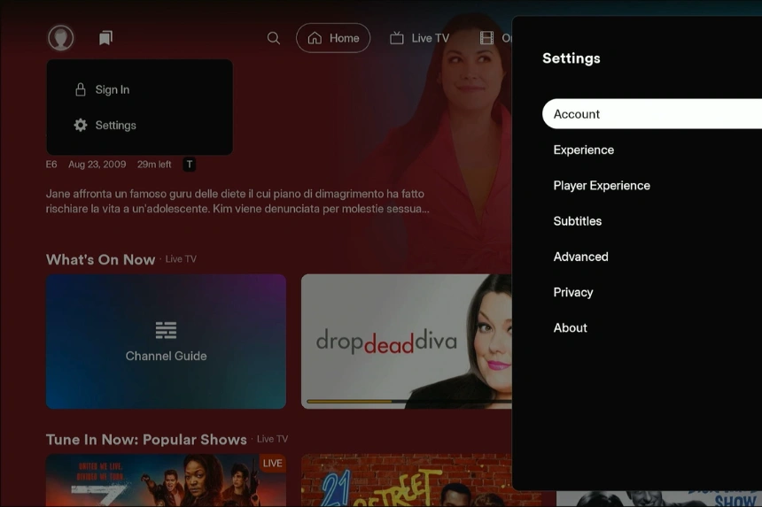 Menu Settings in Plex TV app per Fire TV.