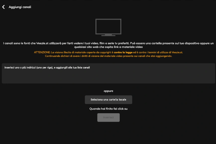 Riquadro per inserimento URL di una sorgente streaming per Veezie.st