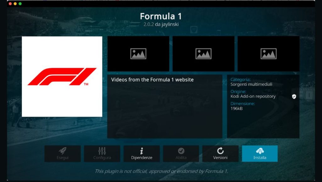 Kodi add-on F1 installa