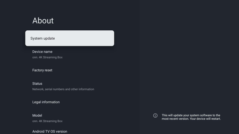 Schermata Informazioni di Google TV con la voce Aggiornamento di sistema.