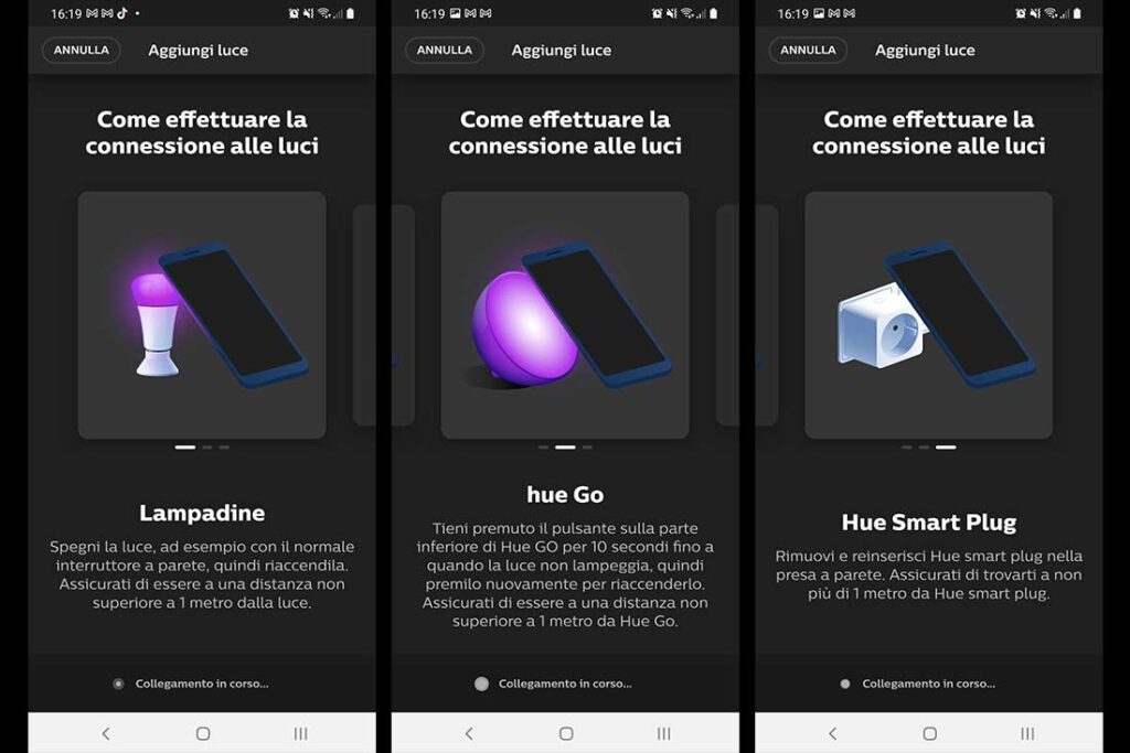 Tre tipologie di prodotti che puoi aggiungere sull'app Philips Hue Bluetooth.