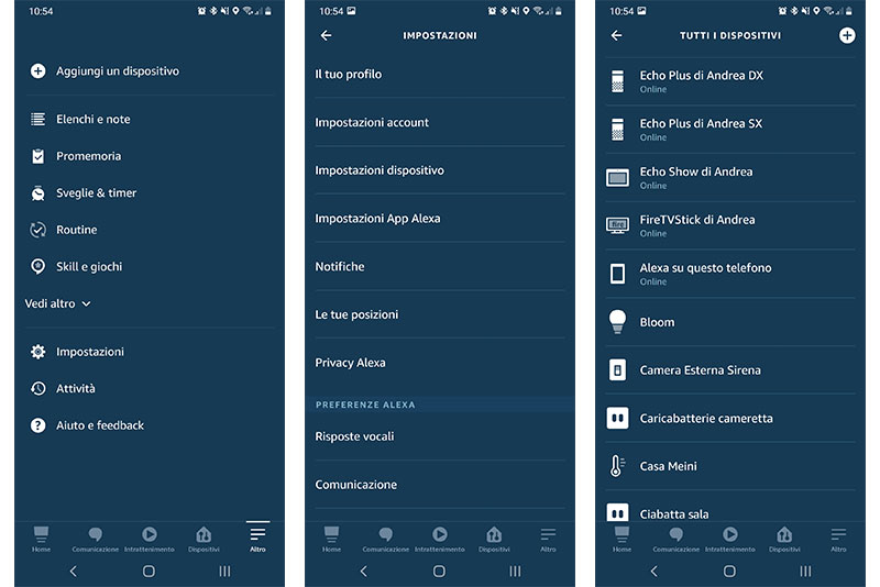 Menù impostazioni sull'App Alexa.