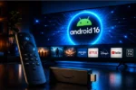 Amazon Fire TV Stick con interfaccia Android 16 futuristica su Smart TV in ambiente cinematografico.