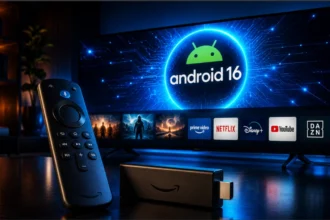 Amazon Fire TV Stick con interfaccia Android 16 futuristica su Smart TV in ambiente cinematografico.