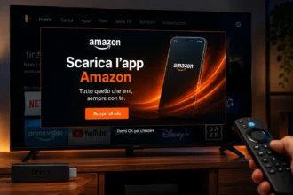 Amazon Fire TV con pubblicità fullscreen mostrata sulla TV in un salotto moderno con telecomando Fire TV e atmosfera cinematografica tech.