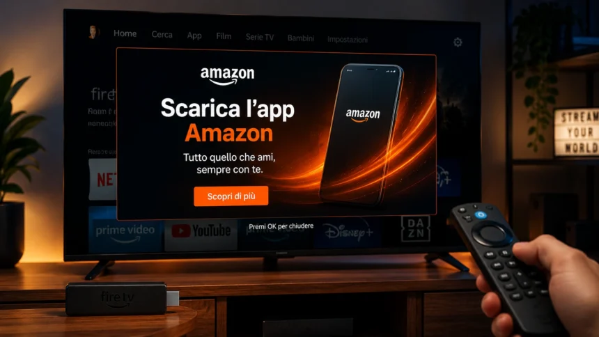 Amazon Fire TV con pubblicità fullscreen mostrata sulla TV in un salotto moderno con telecomando Fire TV e atmosfera cinematografica tech.