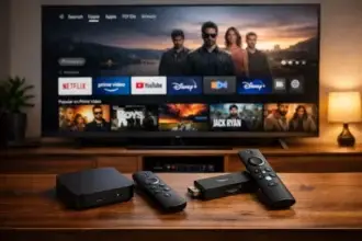 Confronto tra dispositivo Fire TV Stick e Android TV Box collegati a una smart TV per lo streaming domestico