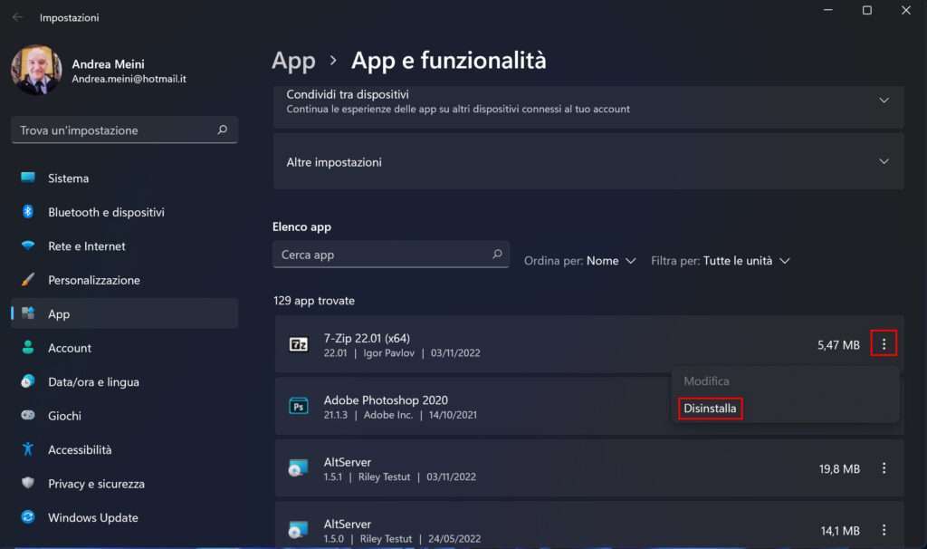 App e funzionalità su Windows 11 App e funzionalità su Windows 11