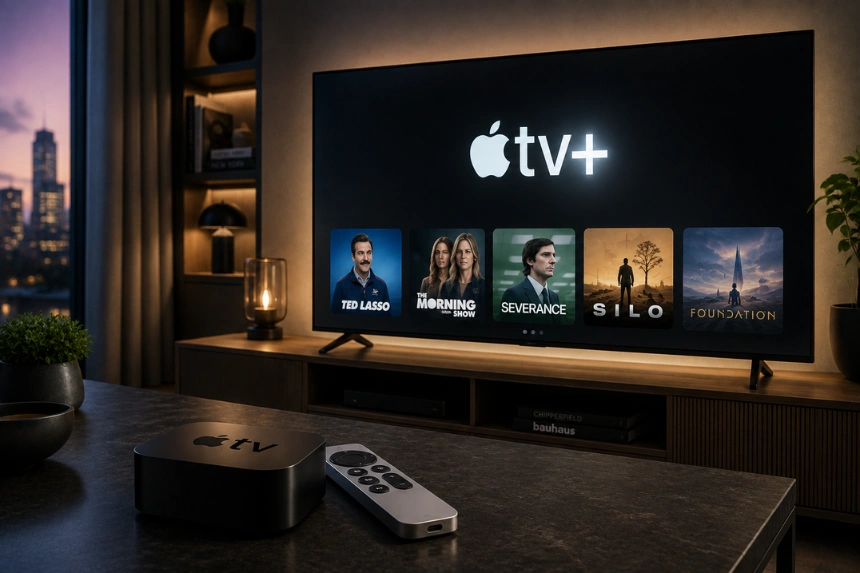 Apple TV+ aperto su una Smart TV in un elegante soggiorno moderno con film e serie originali disponibili in streaming.