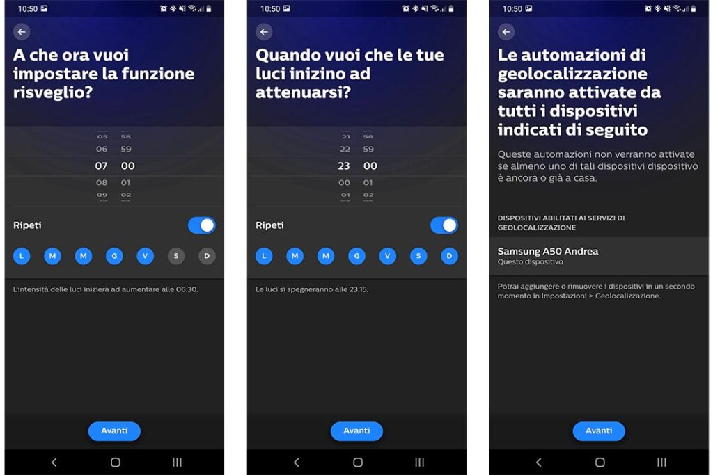 Alcune schermate delle varie automatizzazioni sull'App Hue
