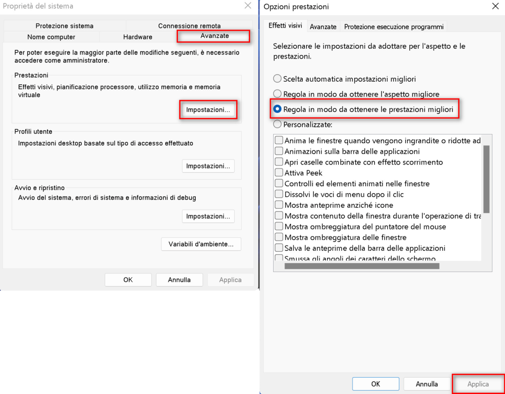 Scheda avanzate prestazioni su Windows 11 Scheda avanzate prestazioni su Windows 11