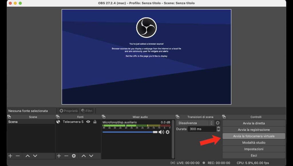 Avviare la fotocamera virtuale su OBS