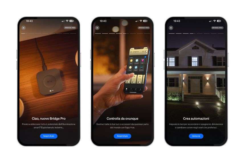 Schermate varie dell'app Philips Hue con Bridge PRO Schermate varie dell'app Philips Hue con Bridge PRO