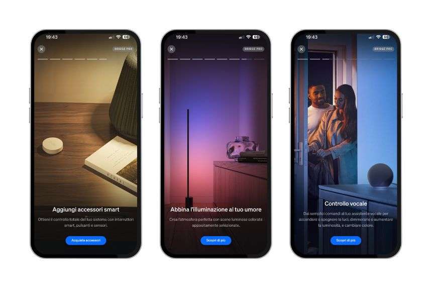 Schermate varie dell'app Philips Hue con Bridge PRO Schermate varie dell'app Philips Hue con Bridge PRO