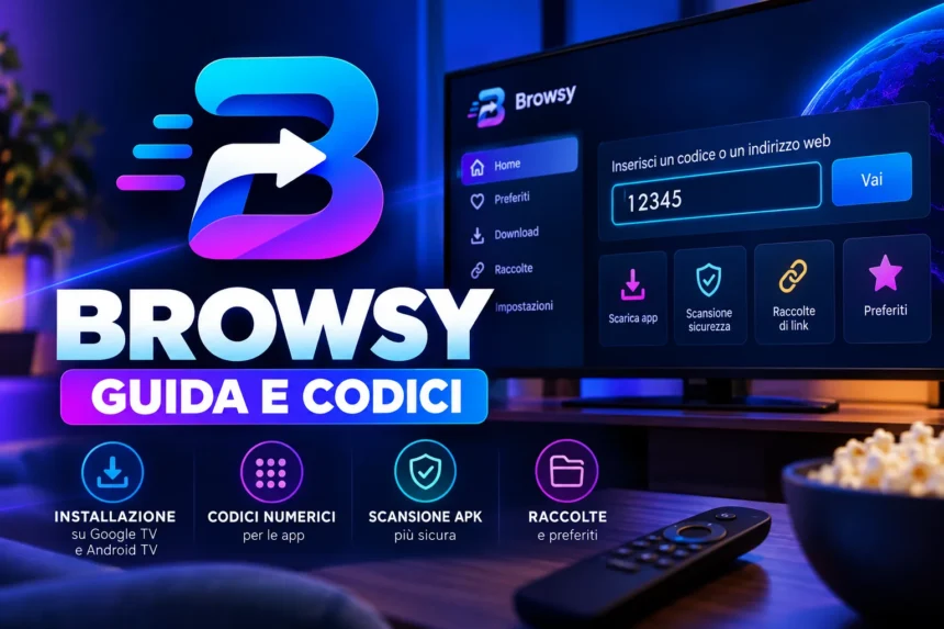 Logo Browsy e guida ai codici numerici per installare app su Google TV e Android TV.