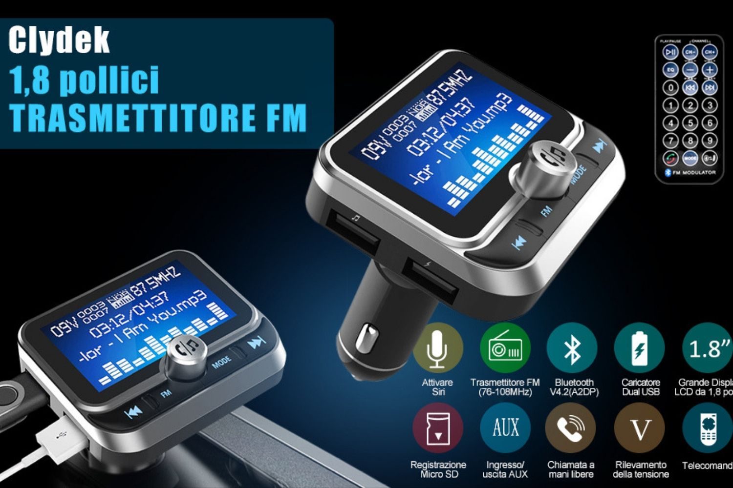 Tutte le funzioni del trasmettitore FM bluetooth Clydek