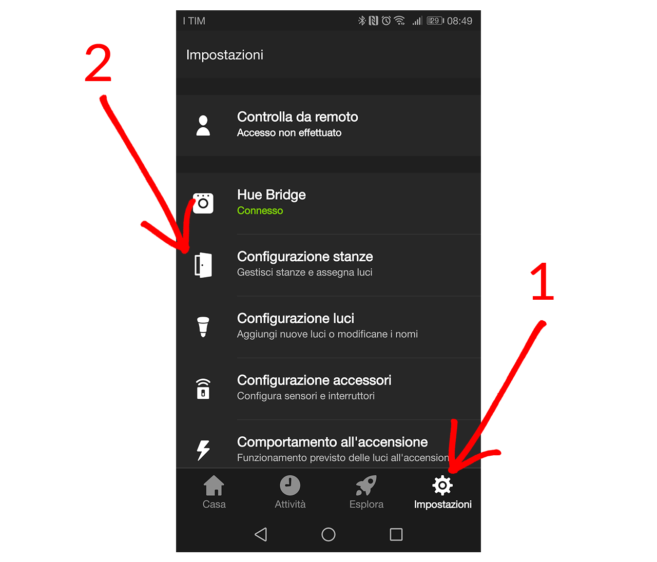 Sezione impostazioni della App Hue Sync