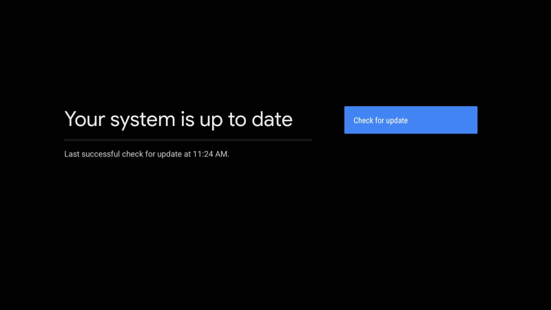 Schermata Google TV con messaggio sistema aggiornato e pulsante per cercare aggiornamenti.