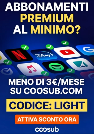Banner offerte Coosub per account Netflix Disney Plus e YouTube Premium con codice sconto LIGHT