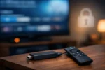 Fire TV Stick con telecomando e simbolo di sicurezza che rappresenta il debug ADB e la protezione del dispositivo