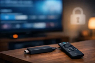 Fire TV Stick con telecomando e simbolo di sicurezza che rappresenta il debug ADB e la protezione del dispositivo