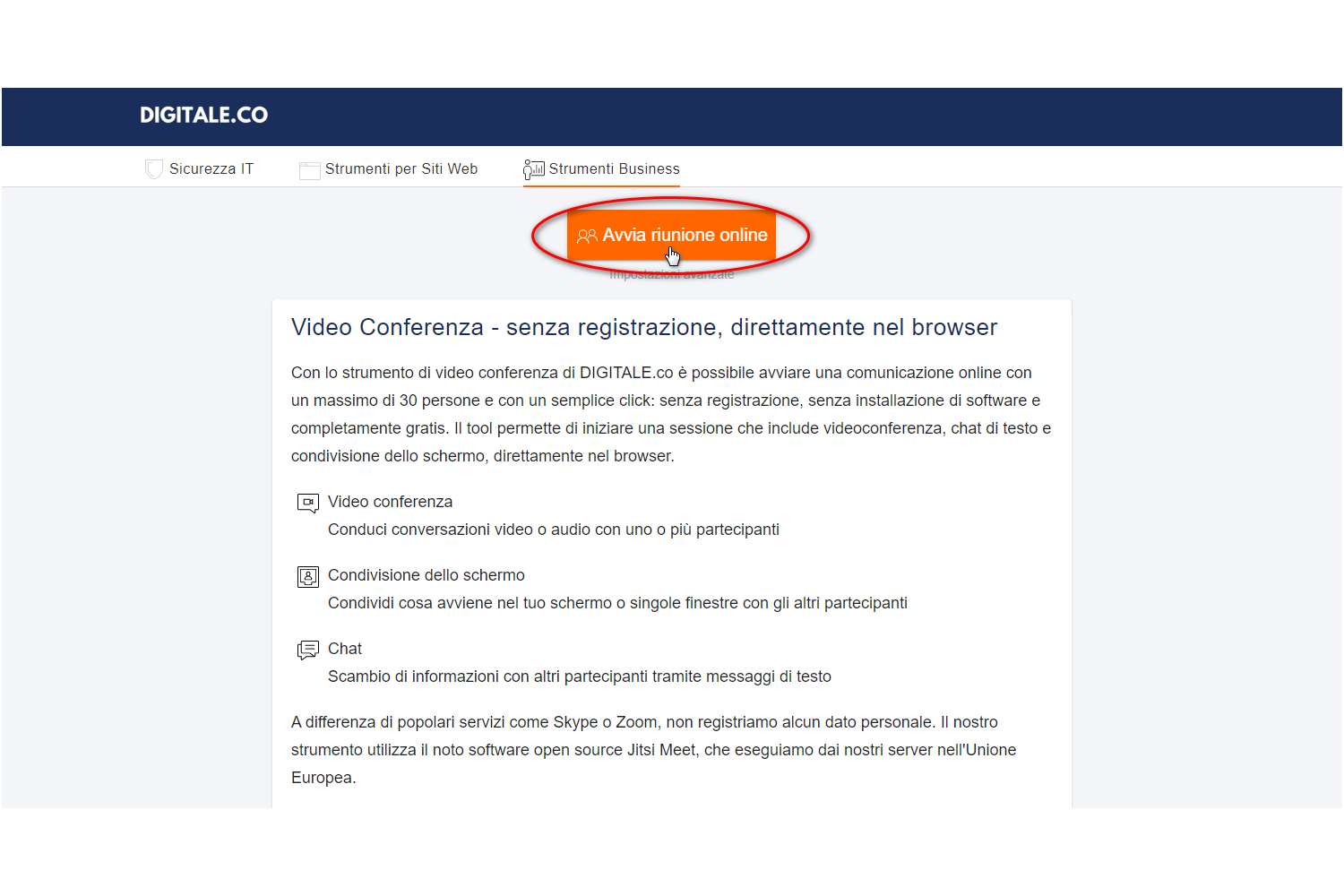 Schermata di accesso alla pagina di videoconferenza Digitale.co