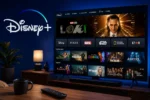 Disney+ aperto su una Smart TV in un elegante soggiorno moderno con film e serie TV disponibili in streaming.
