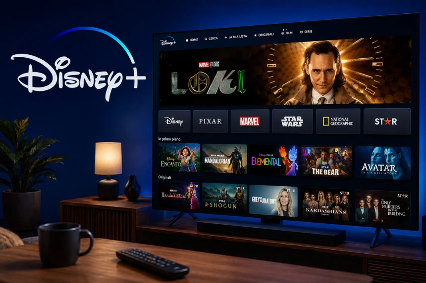 Disney+ aperto su una Smart TV in un elegante soggiorno moderno con film e serie TV disponibili in streaming.