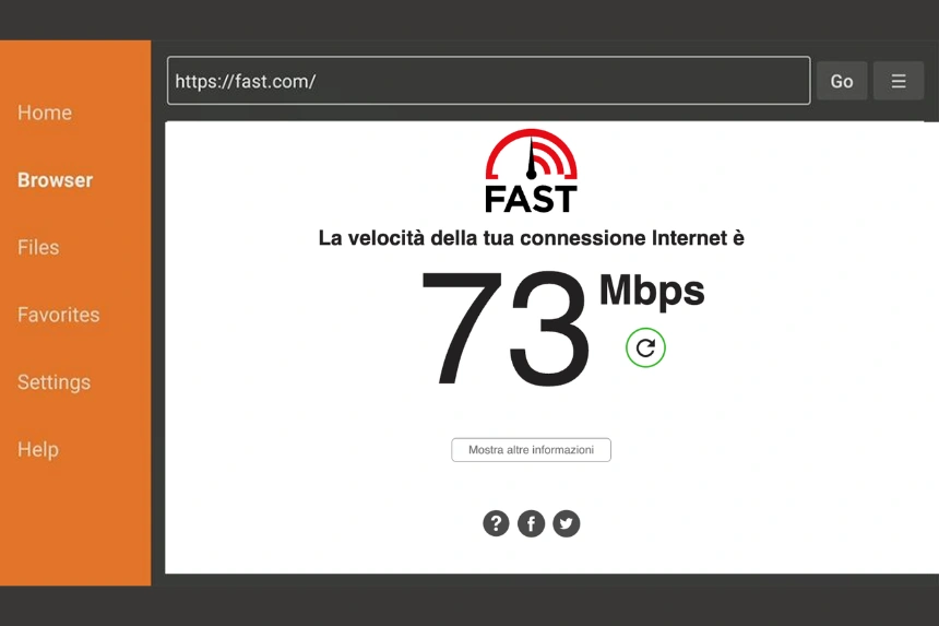 Test di velocità internet su Downloader per Fire TV.