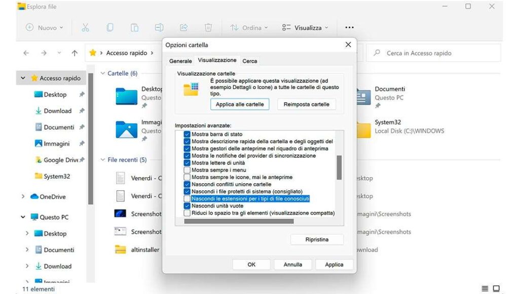 Opzioni di visualizzazione su Esplora file di Windows