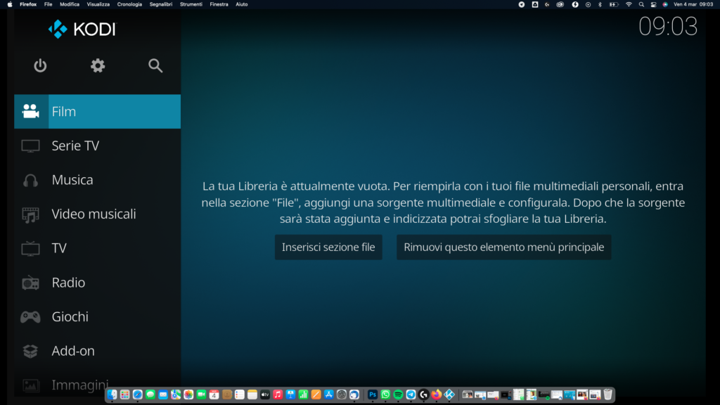 Kodi aperto e funzionante su Mac