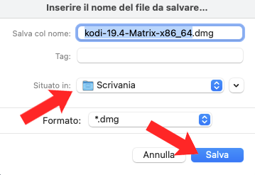 Destinazione file dmg Kodi