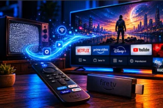 Fire TV Stick con interfaccia streaming moderna e trasformazione di una vecchia TV in Smart TV con Android 16 e Fire OS 16