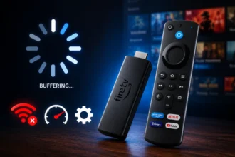 Fire TV Stick con schermata buffering e problemi di streaming WiFi su televisore moderno