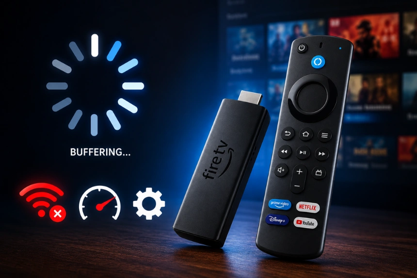 Fire TV Stick con schermata buffering e problemi di streaming WiFi su televisore moderno