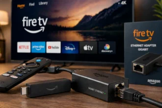 Fire TV Stick collegata con adattatore Ethernet su TV in ambiente domestico moderno