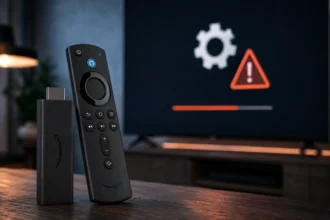 Amazon Fire TV Stick con schermata aggiornamenti software terminati e avviso sicurezza su Smart TV moderna