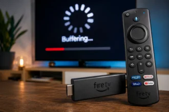 Fire TV Stick collegata alla TV con schermata di buffering e guida ai 5 errori da correggere per migliorare lo streaming.
