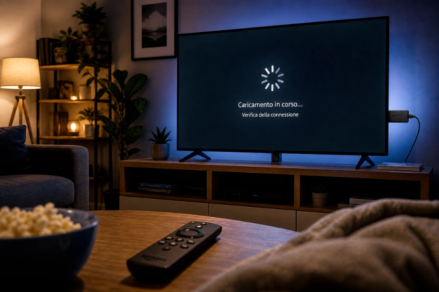 Fire TV Stick con schermata di buffering e problemi di streaming su televisore