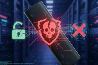 Grafica tech con Fire TV Stick e icone di sicurezza informatica su sfondo server room.