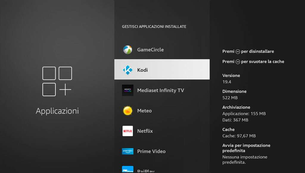 Elenco app installate nella Fire TV Elenco app installate nella Fire TV