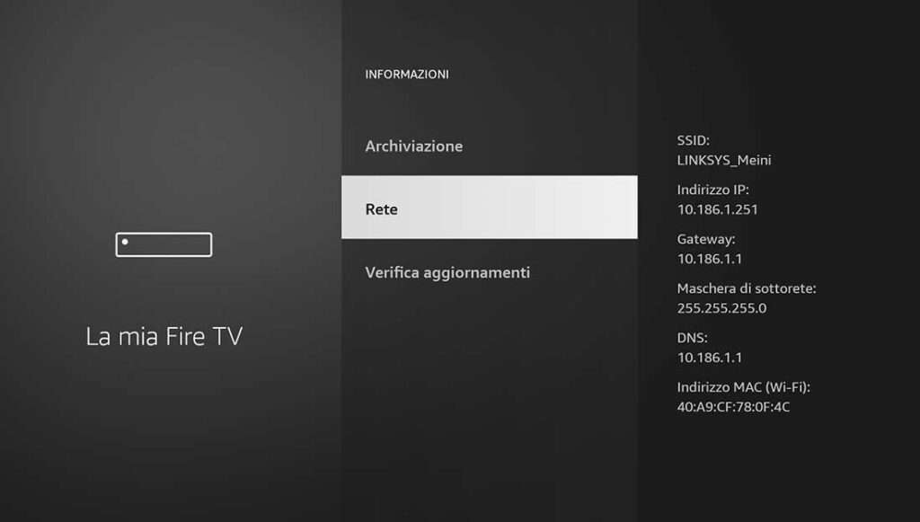 Stato rete nelle impostazioni della Fire TV