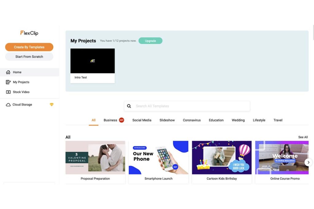Schermata principale del sito FlexClip con galleria dei template.